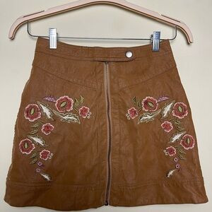 Free People Brown Mini Skirt with Floral Embroidery
